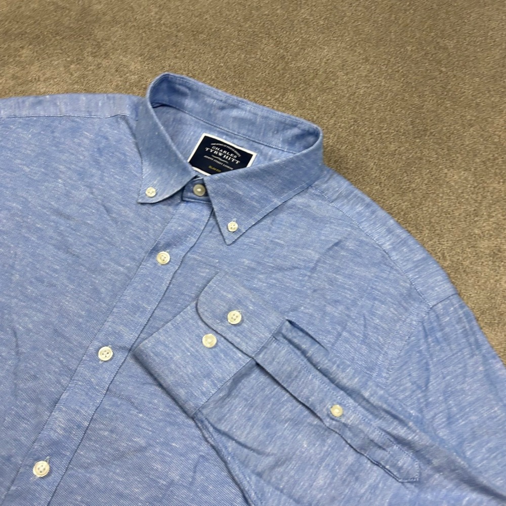 Charles Tyrwhitt Slim Fit Blue Cotton Linen Button Down Shirt Mens Large